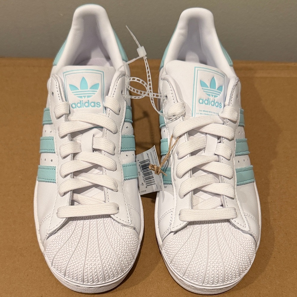 adidas original superstar White Sneakers with Light Blue Stripes - Women's
